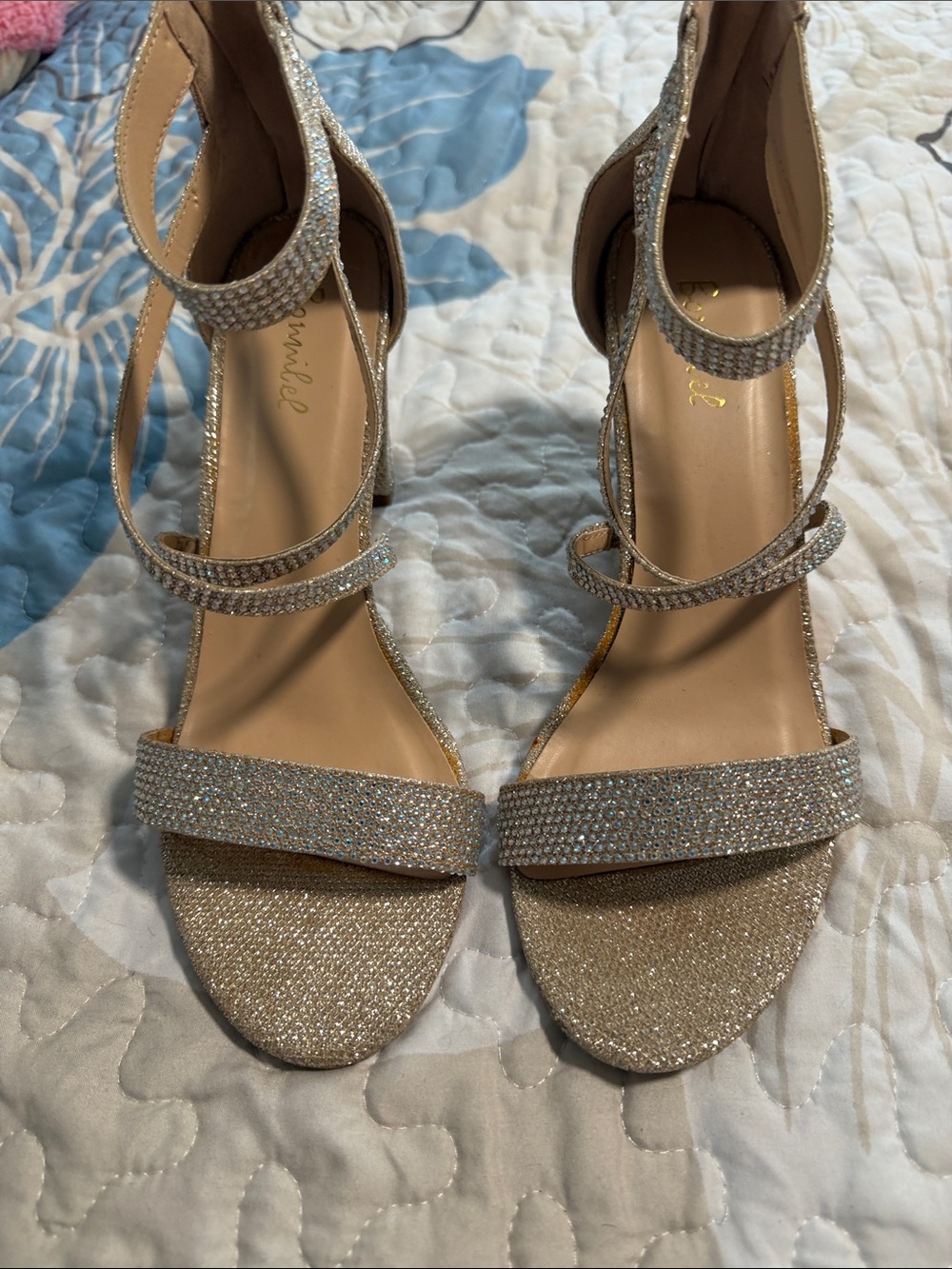 Sparkle Strappy Block Heel Sandals - Light Champagne